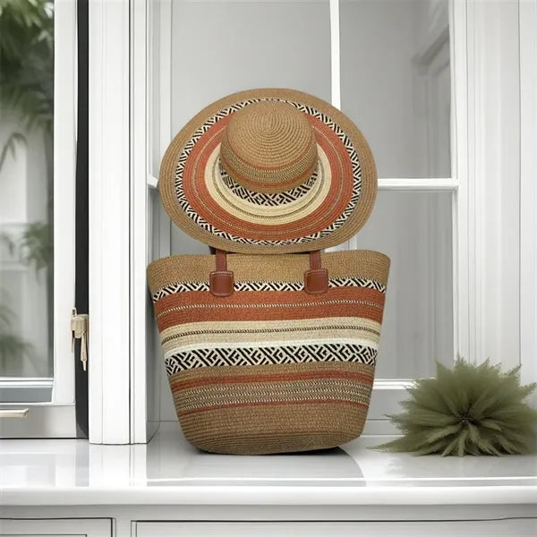 Straw Tote Bag Sun Hat Set Summer Beach Travel Women