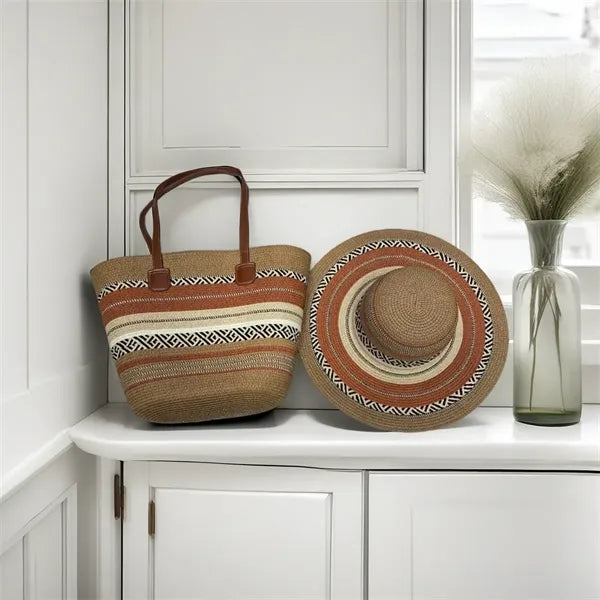 Straw Tote Bag Sun Hat Set Summer Beach Travel Women