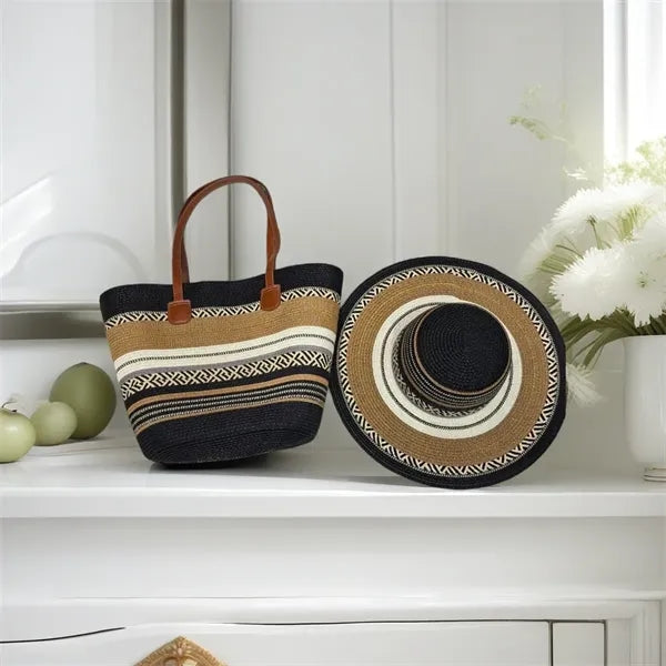 Straw Tote Bag Sun Hat Set Summer Beach Travel Women