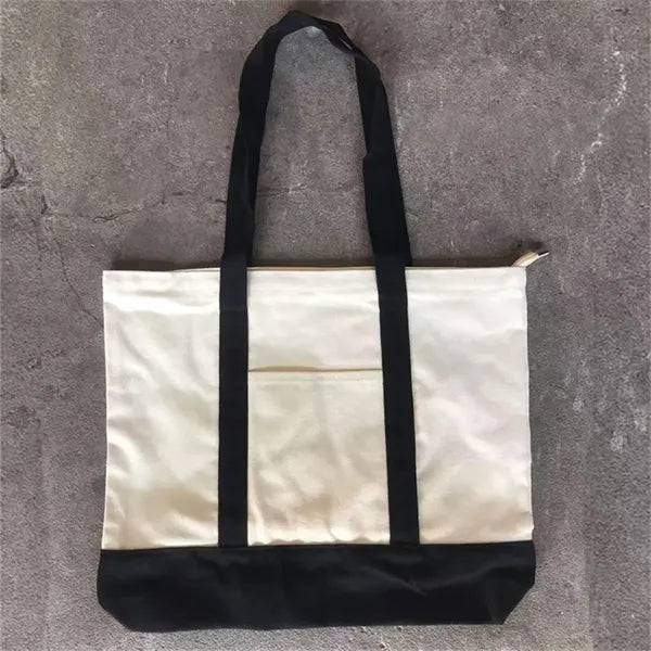 Two-Tone Canvas Tote Bag with Pocket for Daily Shopping Use