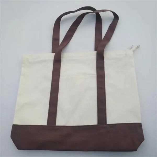 Two-Tone Canvas Tote Bag with Pocket for Daily Shopping Use