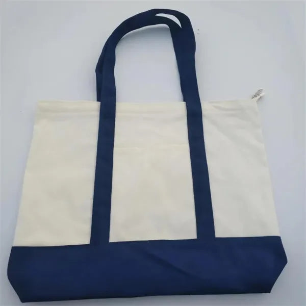 Two-Tone Canvas Tote Bag with Pocket for Daily Shopping Use