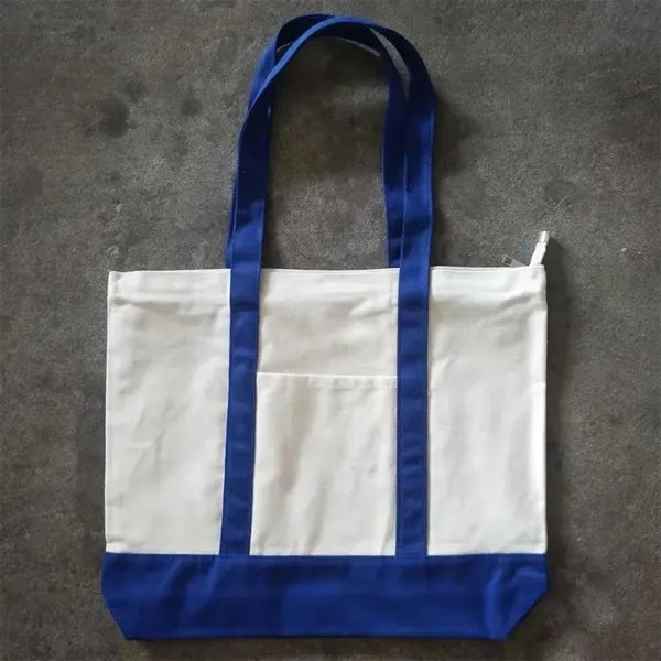 Two-Tone Canvas Tote Bag with Pocket for Daily Shopping Use
