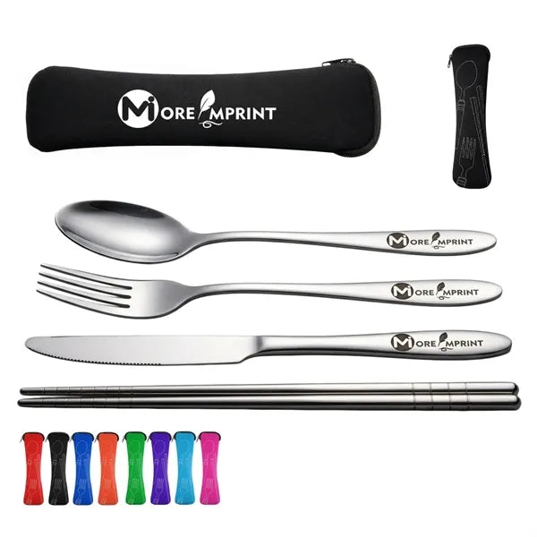 4 PCS Stainless Steel Travel Cutlery Set w/ Neoprene Pouch