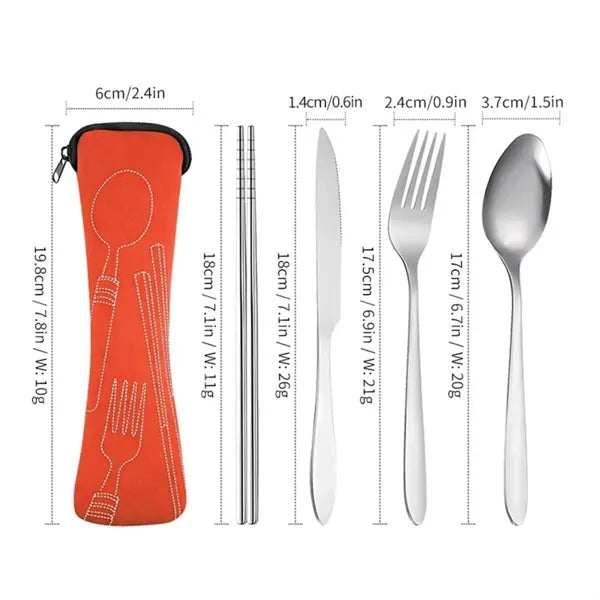 4 PCS Stainless Steel Travel Cutlery Set w/ Neoprene Pouch