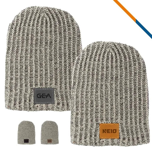 KnitPuff Leather Patch Knit Beanie