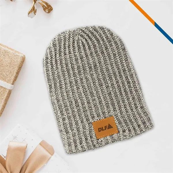 KnitPuff Leather Patch Knit Beanie