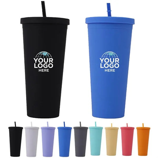 16oz Double Wall Plastic Tumbler with Lid and Straw