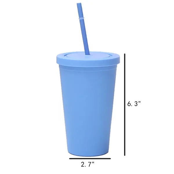 16oz Double Wall Plastic Tumbler with Lid and Straw