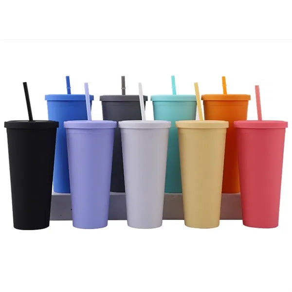 16oz Double Wall Plastic Tumbler with Lid and Straw