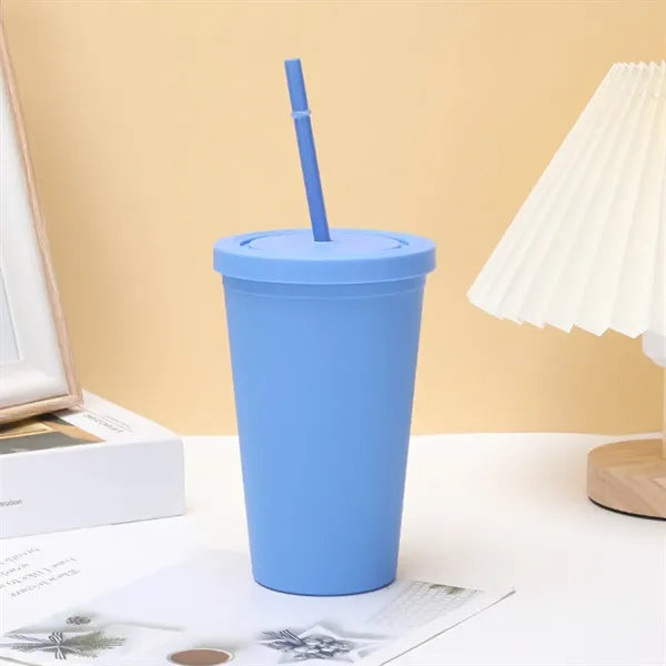 16oz Double Wall Plastic Tumbler with Lid and Straw