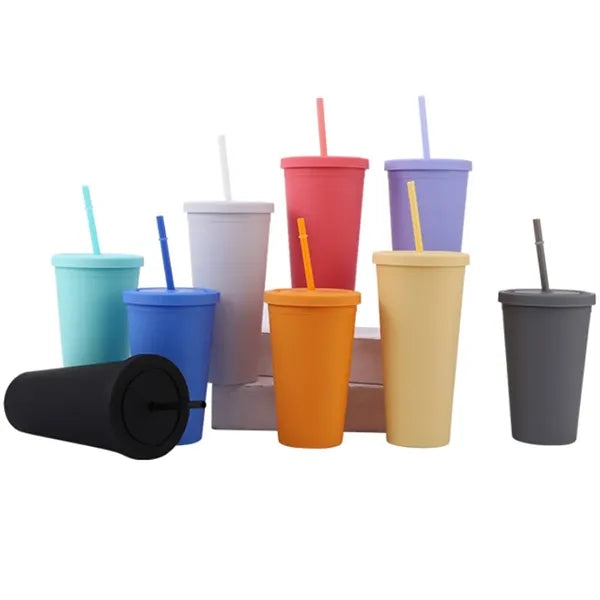 16oz Double Wall Plastic Tumbler with Lid and Straw