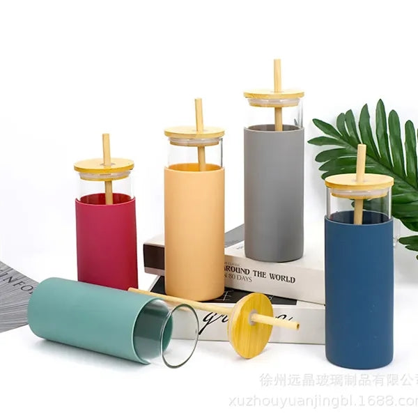 17 Oz. Glass Tumbler with Bamboo Lid and Straw