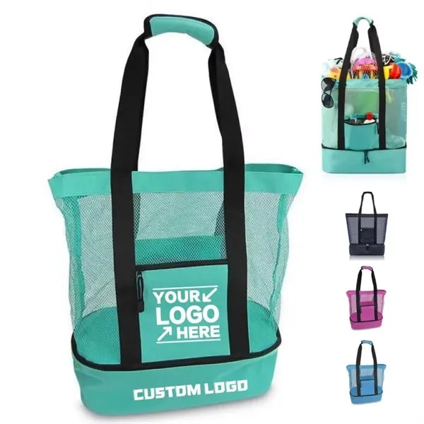 Mesh Beach Tote With Cooler Compartment Zipper Pocket