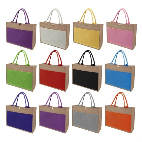 Large Two Tone Jute Shopping Tote Bag W/ Front Pocket