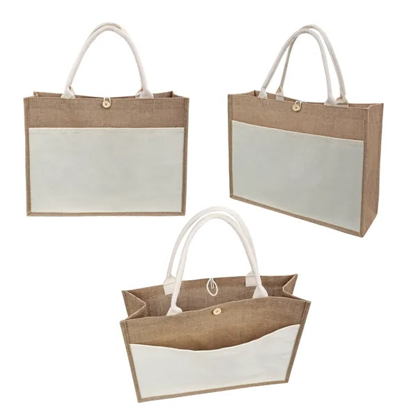 Large Two Tone Jute Shopping Tote Bag W/ Front Pocket