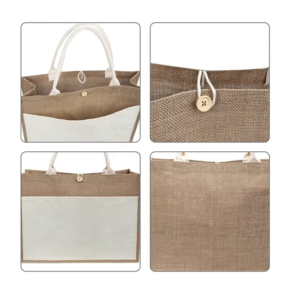 Large Two Tone Jute Shopping Tote Bag W/ Front Pocket