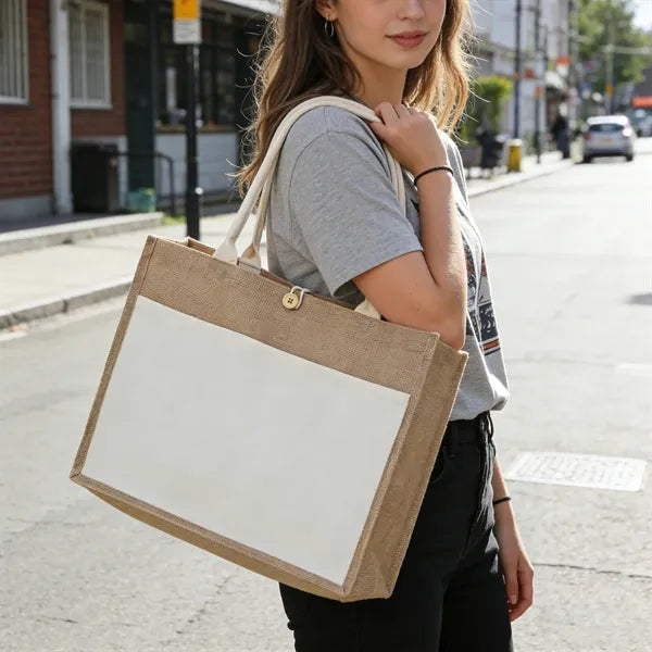 Large Two Tone Jute Shopping Tote Bag W/ Front Pocket