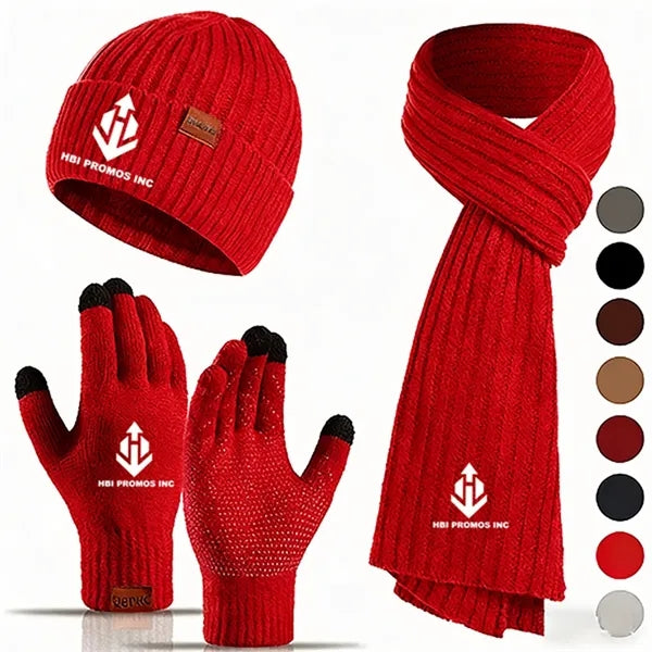 Unisex Winter Knit Hat Scarf Gloves Set (3-in-1)