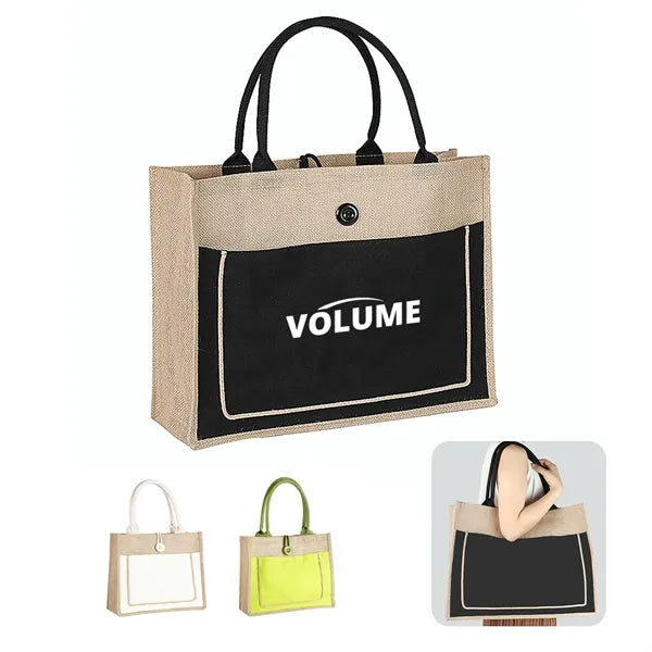 Jute Tote Bag with Handles and Button Closure