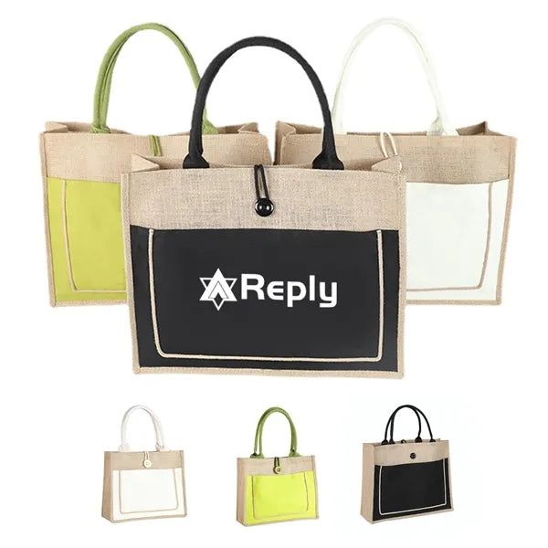 Jute Tote Bag with Handles and Button Closure