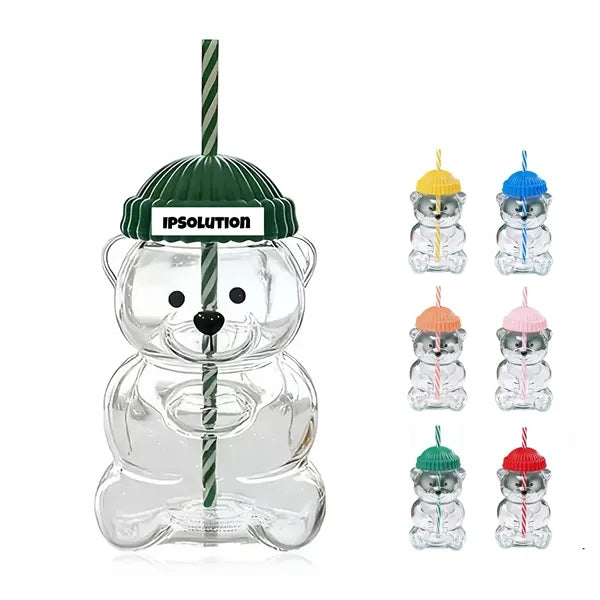 20 oz Custom Bear-Shaped Borosilicate Glass W/ Straw & Hat