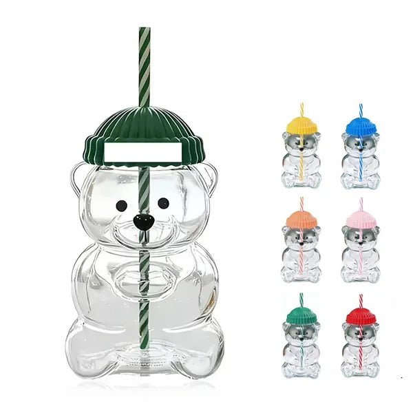 20 oz Custom Bear-Shaped Borosilicate Glass W/ Straw & Hat