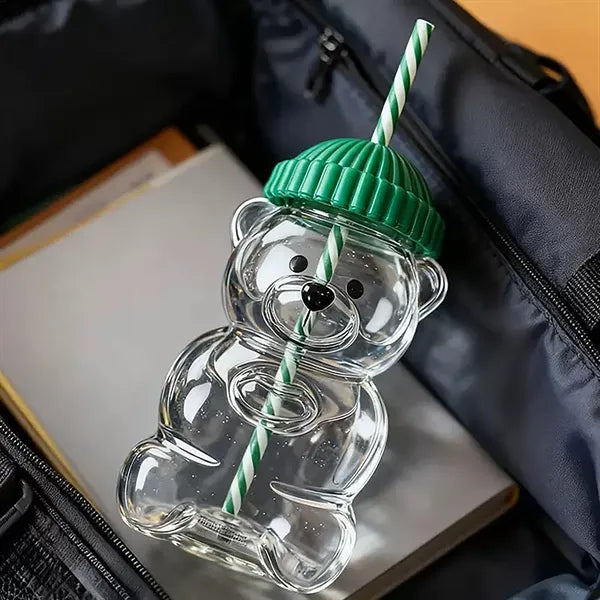 20 oz Custom Bear-Shaped Borosilicate Glass W/ Straw & Hat