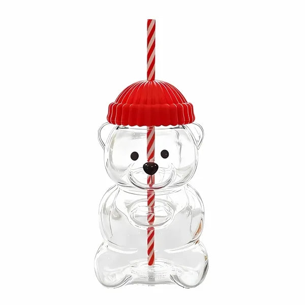 20 oz Custom Bear-Shaped Borosilicate Glass W/ Straw & Hat