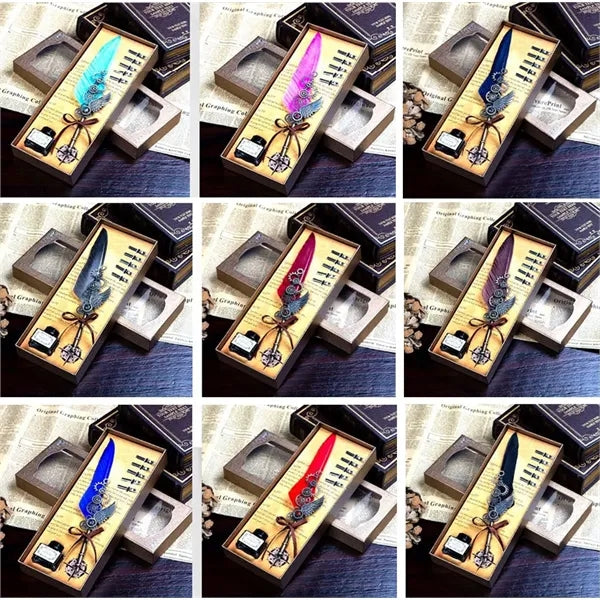 Vintage Feather Quill Dip Ink Pen Set with 5 Nibs