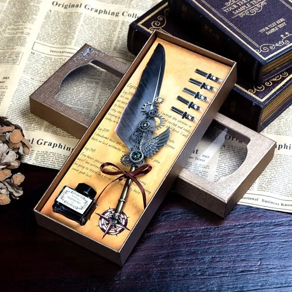 Vintage Feather Quill Dip Ink Pen Set with 5 Nibs