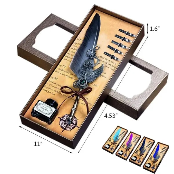Vintage Feather Quill Dip Ink Pen Set with 5 Nibs