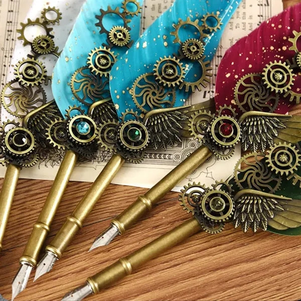 Vintage Feather Quill Dip Ink Pen Set with 5 Nibs