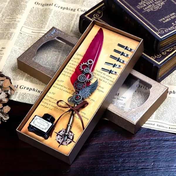 Vintage Feather Quill Dip Ink Pen Set with 5 Nibs