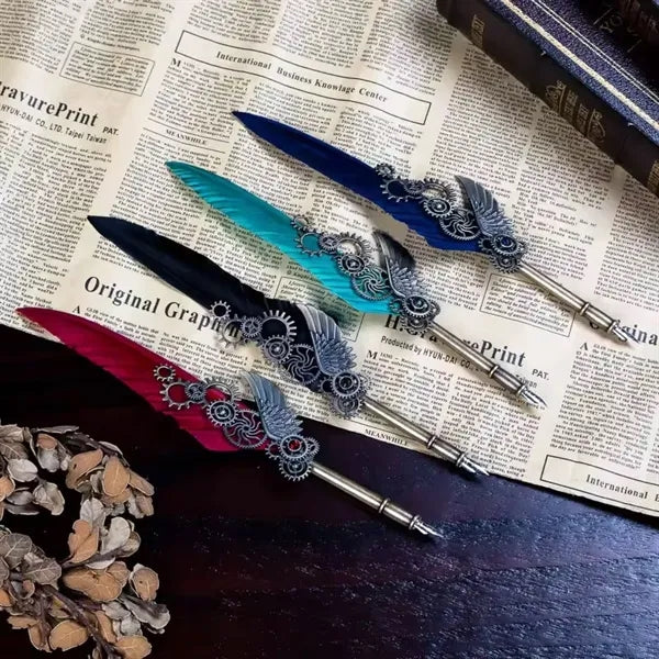 Vintage Feather Quill Dip Ink Pen Set with 5 Nibs
