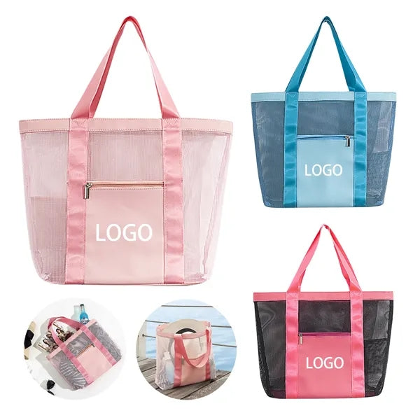 Large Capacity Mesh Beach Tote Bag With Zipper Pocket
