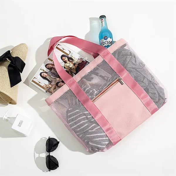Large Capacity Mesh Beach Tote Bag With Zipper Pocket