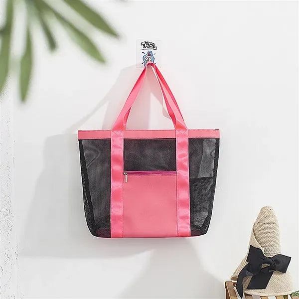 Large Capacity Mesh Beach Tote Bag With Zipper Pocket