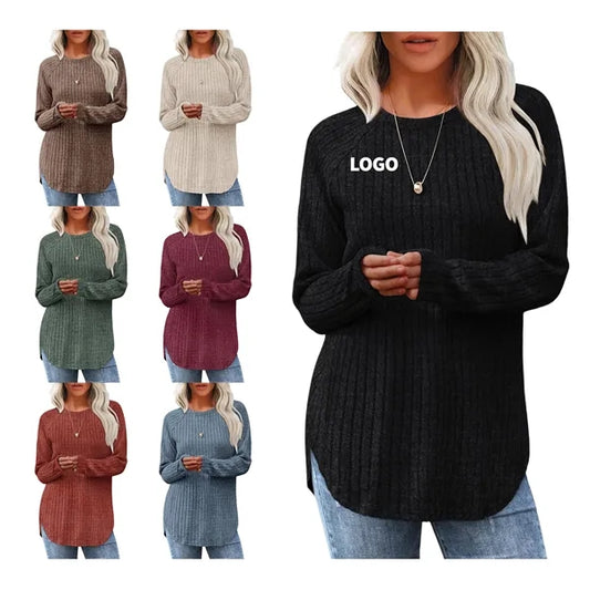 Women's Crew Neck Ribbed Knit Tunic Top
