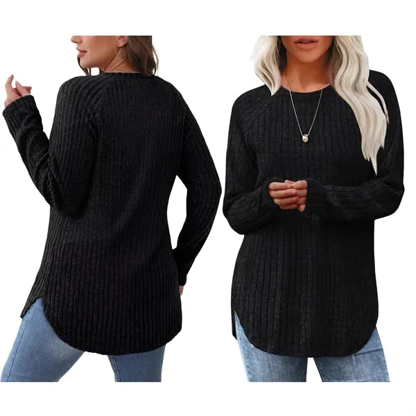 Women's Crew Neck Ribbed Knit Tunic Top