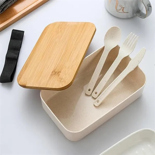 Bamboo Lid Straw Bento Box Set With Tableware