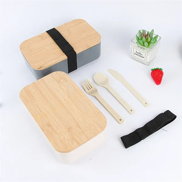 Bamboo Lid Straw Bento Box Set With Tableware
