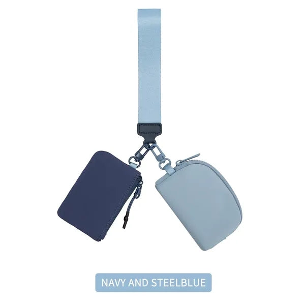 Portable Dual Pouch Wristlet Keychain Wallet With Zipper