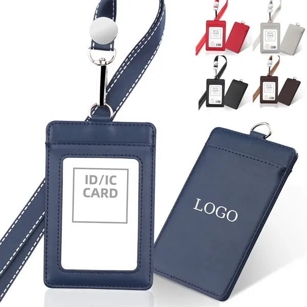 Leather ID Badge Holder with Detachable Neck Lanyard Strap