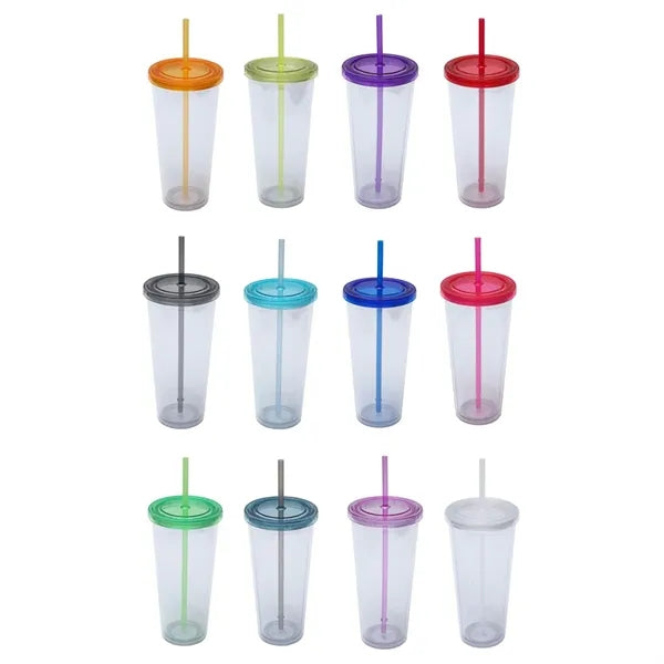 24Oz. Custom Clear Plastic Tumblers with Straws & Lids