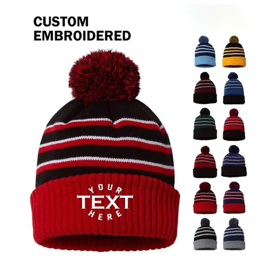 Knit Beanie with Pom - Cuffed Striped Winter Hat