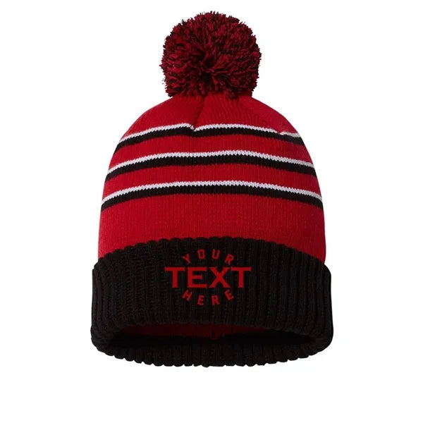 Knit Beanie with Pom - Cuffed Striped Winter Hat