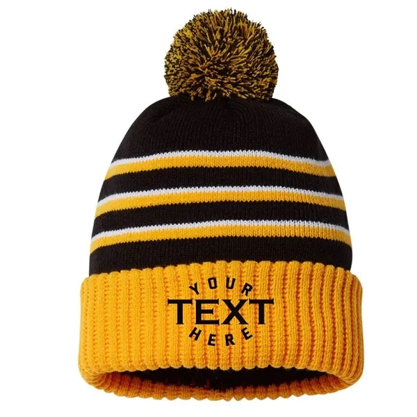 Knit Beanie with Pom - Cuffed Striped Winter Hat