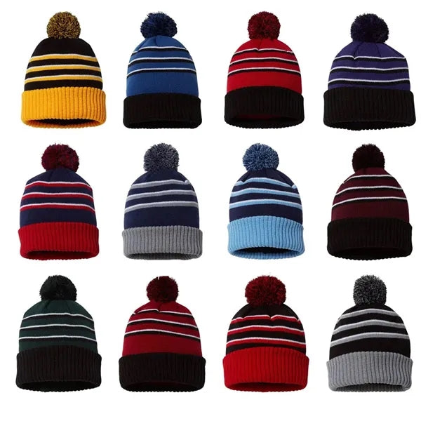 Knit Beanie with Pom - Cuffed Striped Winter Hat