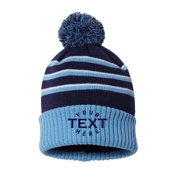 Knit Beanie with Pom - Cuffed Striped Winter Hat